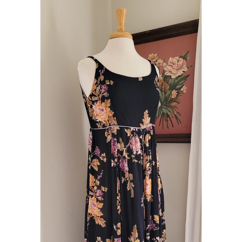 90s Black Floral Scoop Neck 1990s Vintage Flowy Feminine Rayon Gauze Maxi Dress - Picture 4 of 16